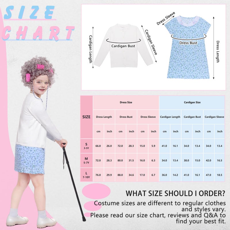 Kicpot Old Lady Costume for Kids Girls 100 Days Of School Costume Grandma Costume Granny Old Lady Dress Up (Blue  5-7Y) - Image 3